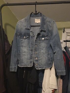 Angels Medium Wash Denim Jacket with Frayed Hem
